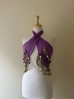 Y2K Purple Coin Fringe Multiway Scarf Top | Belly Dance Festival Wrap